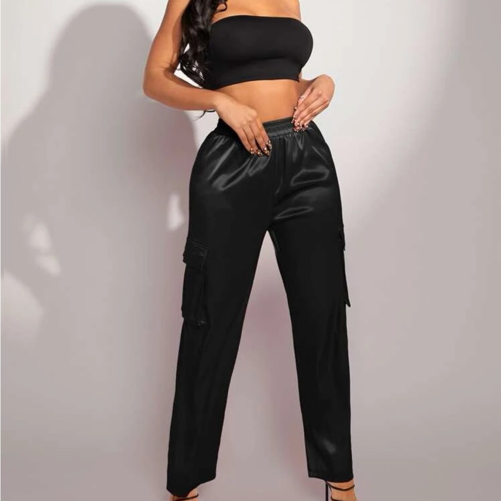 Black Flap Pocket Side satin Cargo Pants - Picture 5 of 6